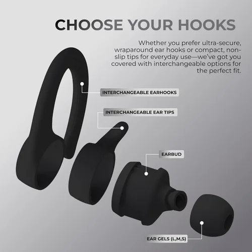 Vista 3 de Coby Auriculares Bluetooth inalámbricos con puntas intercambiables con puntas de ganchos intercambiables, gel de oreja de varios tamaños, resistente