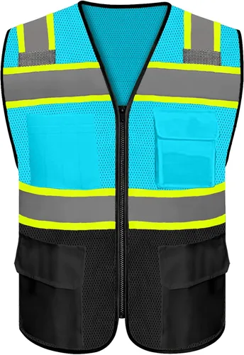 Vista 4 de Chaleco de seguridad reflectante de alta visibilidad con 5 bolsillos y cremallera clase 2 para adultos, unisex, ropa de trabajo de seguridad