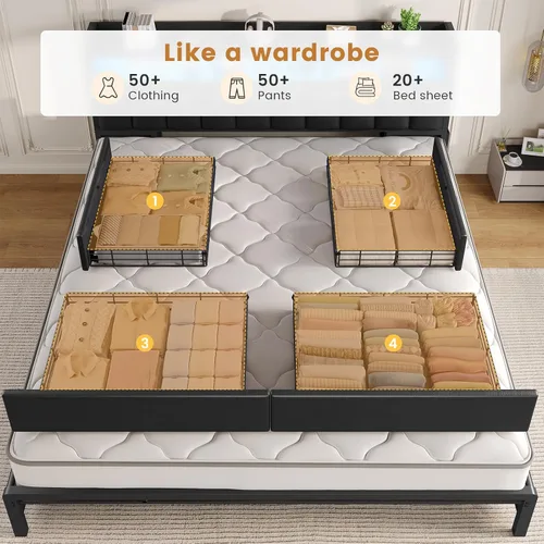 Vista 7 de ADORNEVE Base de cama tamaño King con 10 cajones de almacenamiento y cabecera tipo estantería RGB, cama King tapizada en PU con estación de carga