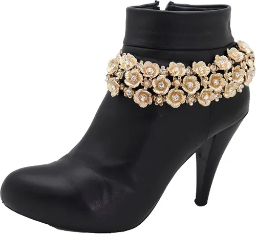 Vista 7 de Pulsera de botas de joyería para mujer, cadena de metal dorado, zapato alto, flor brillante, correa de encanto, boda nupcial, Metal
