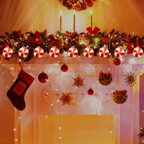 Vista 6 de Guirnalda de luces de caramelo de Navidad de 8.5 pies, cadena de luces colgantes de Navidad con 10 luces redondas rojas y blancas, luces de hadas
