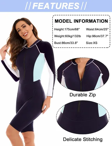 Vista 4 de FEOYA Boyleg - Traje de baño de una pieza para mujer, manga larga, acolchado, protector, hasta la rodilla, atlético, modesto