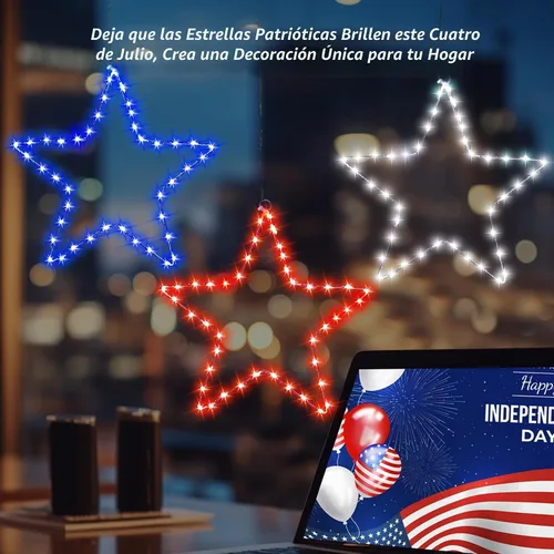 Vista 3 de Red White and Blue Lights,3Pack 4th of July Decorations Iron Framed Hanging Patriotic Star Lights 145LED USB Operated Indoor Window Light for Fourth