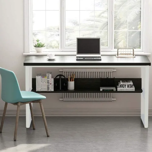 Vista 5 de Escritorio para computadora de oficina en casa con estantería, escritorio de madera de 43 pulgadas con estantes de almacenamiento, mesa moderna