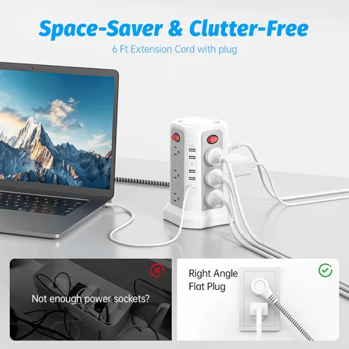 Vista 5 de Regleta de alimentación de torre con PD20W USB C, estación de carga de cable de extensión de escritorio de 6 pies con 12 tomas de corriente alterna