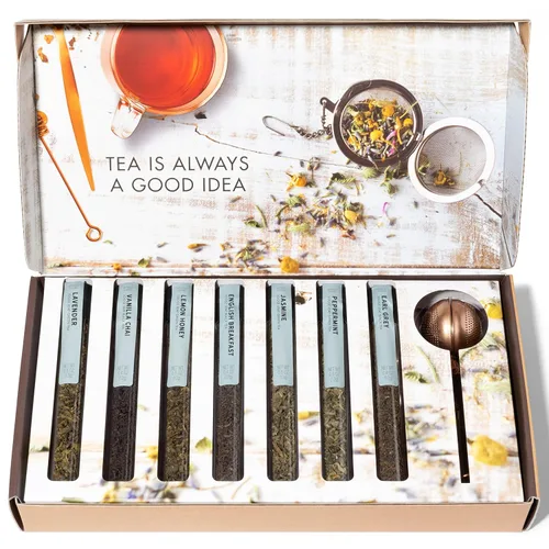 Vista 4 de Thoughtfully Gourmet, juego de regalo de infusión de terapia de té, 7 sabores únicos e infusor de bolas de cobre reutilizable, juego de té de hojas