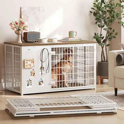 Vista 11 de YATINEY Muebles plegables para perros, jaula para perros con marco de bricolaje, perrera resistente para interiores con ganchos, mesa auxiliar
