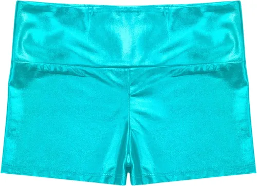 Vista 4 de Pantalones cortos de gimnasia de entrenamiento metálico brillante para niñas y niñas, pantalones cortos de gimnasia de cintura alta