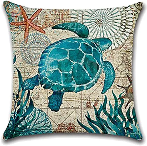Vista 2 de 7COLORROOM Paquete de 2 fundas de almohada de playa/costera, tortuga marina/caballo marino, fundas de cojín decorativas de algodón y lino, 20 x 20