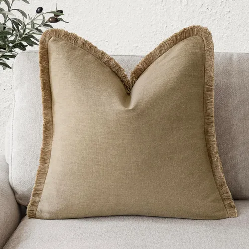 Vista 39 de Foindtower Fundas de almohada decorativas de lino con flecos, acogedora funda de cojín bohemia estilo farmhouse con borlas, funda de almohada