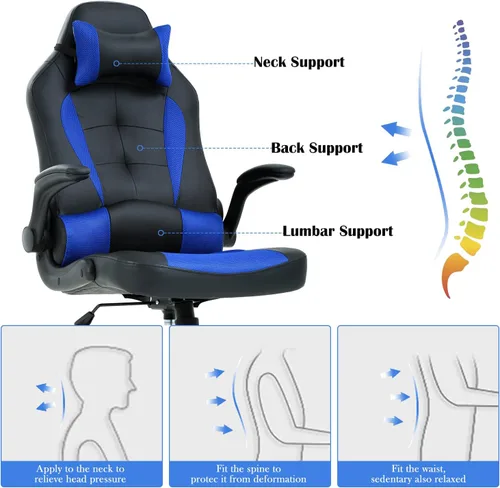 Vista 6 de Silla de oficina para videojuegos, silla de computadora con soporte lumbar y reposacabezas, silla de escritorio ejecutiva ergonómica ajustable