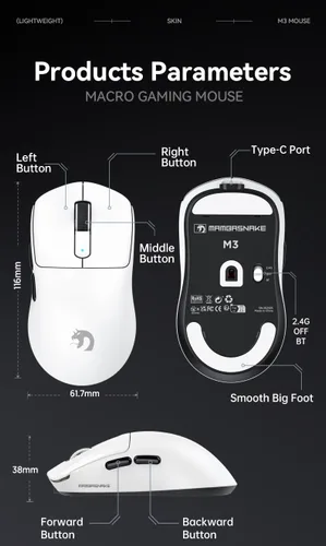 Vista 7 de MAMBASNAKE Mouse inalámbrico M3 para juegos con ligero 1.49 oz, sensor PixArt PAW3395 PRO 40K DPI, modo tri-2.4G/Bluetooth/cableado, micro