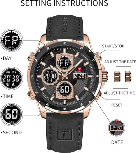 Vista 4 de TEARTRACE Watches for Men Luxury Business Waterproof Calendar Leather Strap Digital Chronograph Analog Wristwatch