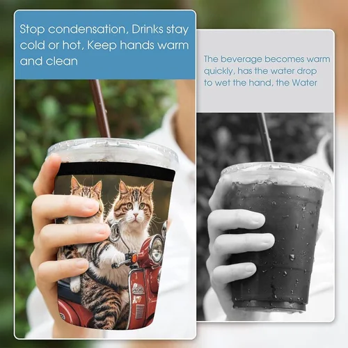 Vista 5 de Two Funny Cats Driving A Motorcycle Reusable Insulated Neoprene Iced Coffee Cup Sleeves 3 Sizes Diving Material Cup Durable Beverage Covers for Cold