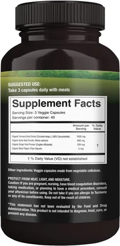 Vista 2 de SUPREME HERBALS, Cápsulas de curcumina de cúrcuma 100% cruda y orgánica. Certificado orgánico, sin gluten, sin OMG y sin cafeína. Mejorado con ajo