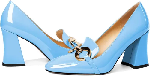 Vista 4 de Zamikoo Zapatos de tacón grueso para mujer, tacón alto, sin cordones, con hebilla de metal, puntera cuadrada cerrada, zapatos de vestir