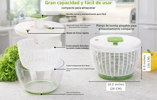 Vista 6 de Brieftons QuickPush - Molinillo de ensalada grande, tamaño familiar de 6.3 cuartos de galón, bomba y freno manual con una sola mano, hilandero
