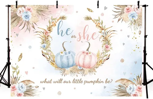 Vista 2 de MEHOFOND Fondo de otoño de 7 x 5 pies, diseño de calabaza pequeña para baby shower, decoración de fiesta con texto en inglés "He or she What Will