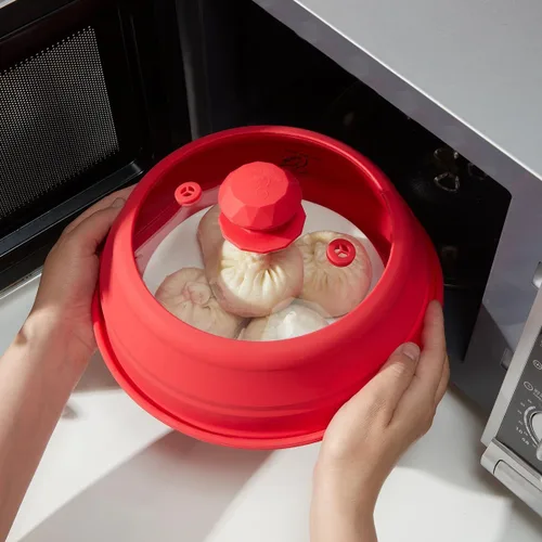 Vista 8 de Funda de silicona plegable para microondas, tapa de salpicaduras multifunción ventilada con plato de vidrio para cocinar alimentos y tocino, apto