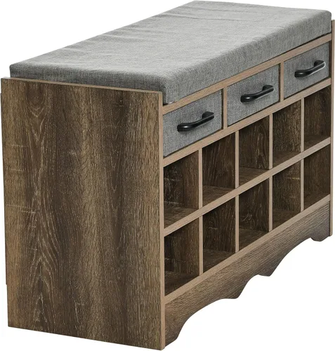 Vista 5 de Household Essentials Banco de zapatos de entrada con 10 cubículos, acabado de madera de fresno