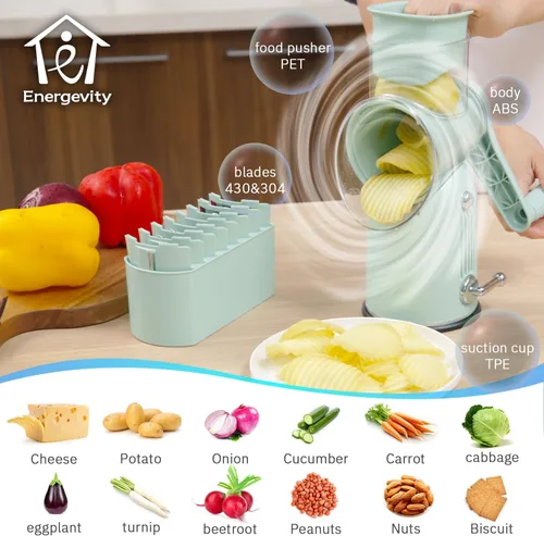 Vista 4 de ENERGEVITY Rallador de queso giratorio manual con asa, triturador de queso de cuchillas inoxidables reemplazables 5 en 1, base de succión fuerte
