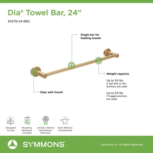 Vista 3 de Symmons 353TB-24-BBZ Toallero de pared de 24 pulgadas de diámetro en bronce cepillado Brushed Bronze Finish