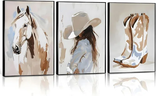 Vista 10 de 2 piezas de arte de pared enmarcado de vaquera occidental con sombrero chica vaquera y caballo, impresión en lienzo, póster, pintura al óleo
