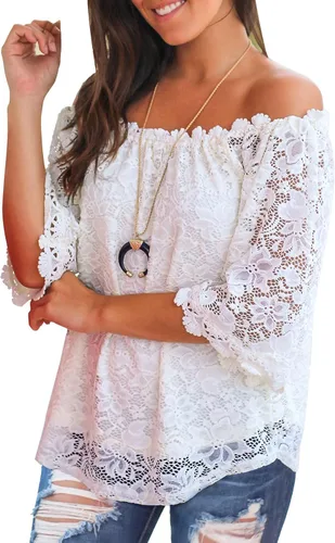 Vista 3 de Miholl - Blusa suelta casual, con encaje y hombros descubiertos.