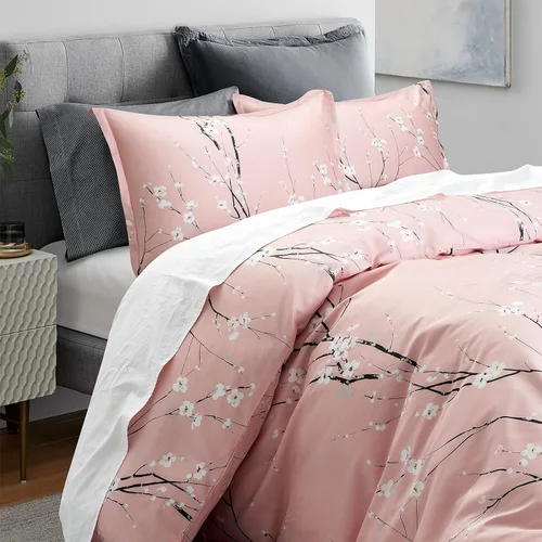 Vista 3 de Get Bed Ready Ropa de cama oriental japonesa Cherry Blossom (gris, individual)