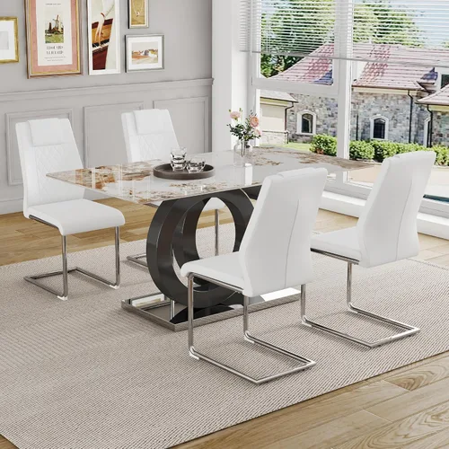Vista 22 de Ebullient Juego de Mesa de Comedor Moderno para 4, Juego de 5 Piezas de Mesa de Comedor y Sillas para 4, Tablero de Mesa de Mármol PDLB y Base