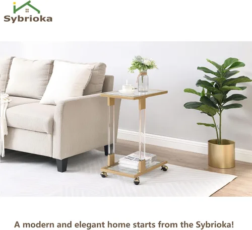 Vista 4 de Mesa auxiliar de cristal dorado en forma de C con ruedas móviles, mesa de acrílico para sala de estar, mesa C transparente para dormitorio, muebles