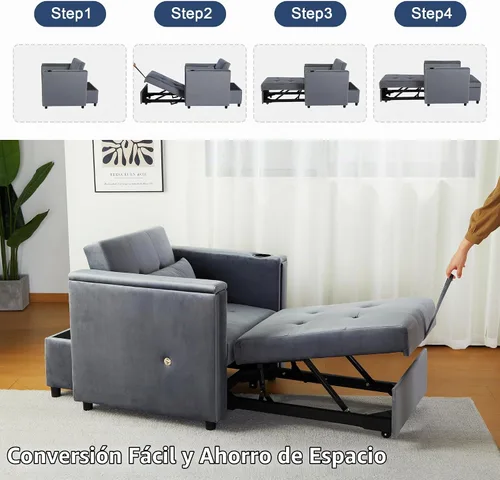 Vista 5 de weselon Silla Cama Convertible de Terciopelo, Silla de Descanso Multifuncional 3 en 1, Sofá Cama Extraíble para Huéspedes con Mesa Oculta y Respaldo