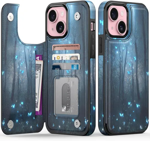 Vista 23 de FUNMIKO Funda tipo cartera para iPhone 15 con tarjetero + clip para efectivo, bloqueo RFID, protección contra caídas de grado militar y obras