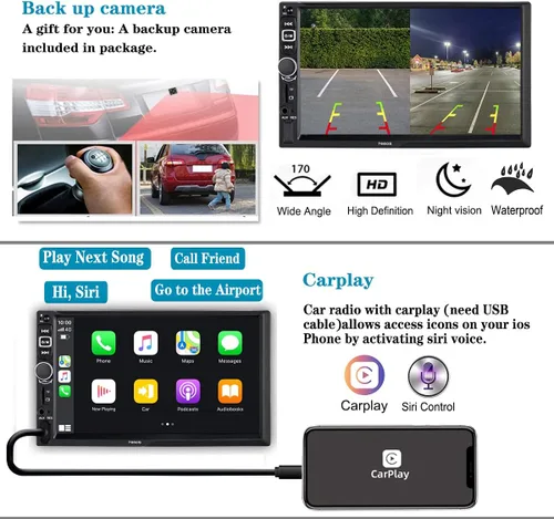 Vista 3 de Radio estéreo de coche doble DIN compatible con Apple Carplay y Android Auto, pantalla táctil HD de 7 pulgadas con control de voz, Mirror Link