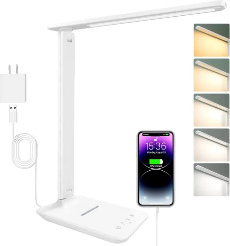 Vista 12 de Lámpara de escritorio LED White Crown regulable, lámpara de mesa para lectura con puerto de carga USB, 5 modos de iluminación, control sensible