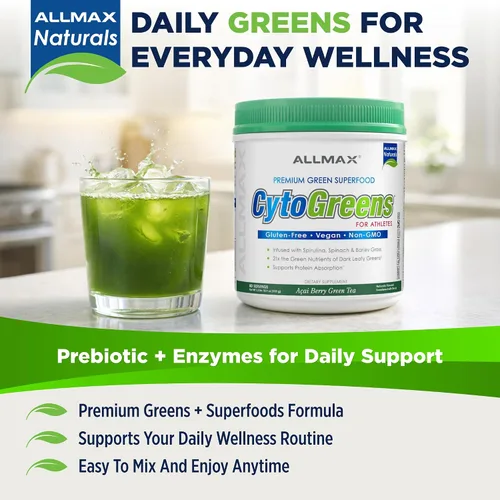 Vista 3 de ALLMAX CytoGreens Super Greens en polvo, té verde de bayas de acai, 60 porciones