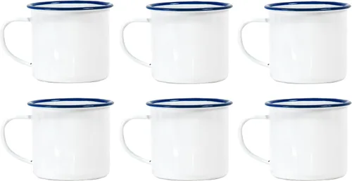 Vista 7 de Red Co. Juego de 6 tazas redondas de café y té de metal esmaltado de 12 onzas con asa, borde blanco sólido y azul marino