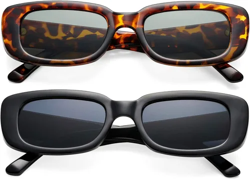 Vista 9 de 2 Pack Trendy Rectangle Sunglasses for Women Narrow Square Frame Shade 100% UV Blocking