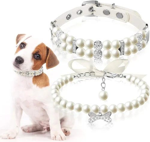 Vista 7 de Hicarer 2 Piezas Collares de Perlas Pequeños para Perros y Gatos y Juego de Collar de Perlas con Collar de Cuero PU Lindo para Mascotas con Cristal