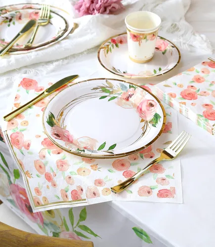 Vista 3 de Platos y servilletas de papel florales para fiesta - Sirve para 16 - Platos florales Tazas florales Cuchillos Tenedores Decoraciones de baby shower