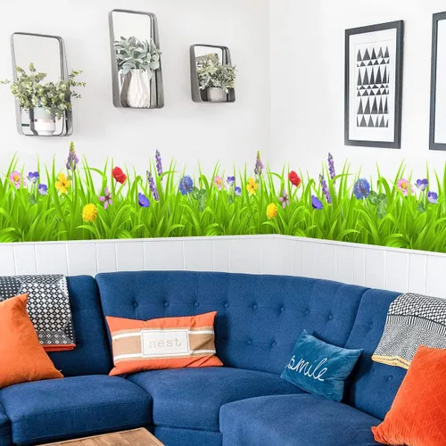 Vista 6 de Pegatinas de pared de plantas verdes frescas, calcomanías de zócalo, hojas verdes, flores coloridas, calcomanías de pared DIY Murales extraíbles
