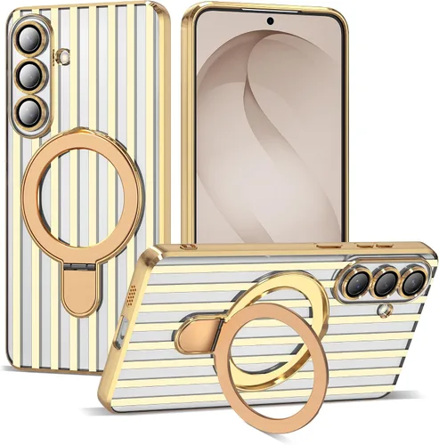 Vista 33 de Funda compatible con Samsung Galaxy S24 Plus con soporte de anillo magnético [compatible con Mag-Safe] protector de lente de cámara chapado Dorado