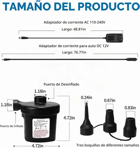 Vista 2 de Bomba de aire eléctrica inflable, bomba de inflado rápida portátil de 110 V AC/12 V CC con 3 boquillas, utilizada para barcos inflables, etc