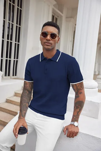 Vista 58 de COOFANDY Camisas polo de punto para hombre de manga corta con textura acanalada Camisas de golf casuales y ligeras con cuello Camiseta de polo