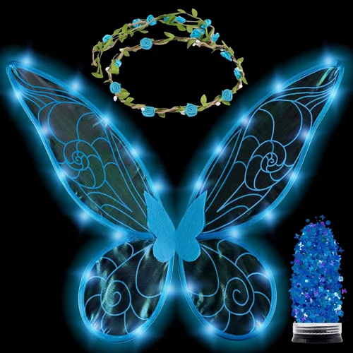 Vista 14 de Disfraz de hada Funcredible para mujeres y niñas - Alas de hada con luz y corona de flores, brillo - Alas de mariposa Negro