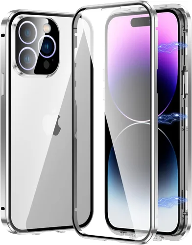 Vista 9 de Funda magnética transparente para iPhone 14 de vidrio con protector de lente de cámara, protector de pantalla integrado sensible al tacto Negro