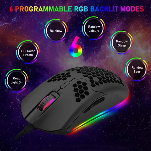 Vista 7 de Teclado mecánico para juegos y mouse ligero de panal con retroiluminación RGB arco iris, 61 teclas, ergonómico, programable, con cable, USB