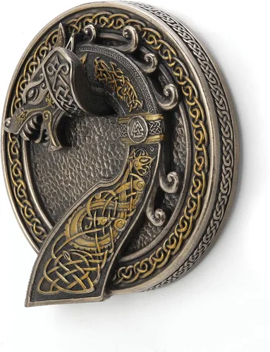 Vista 3 de Veronese Design Sigur Slaying Fafnir Viking Horn with Dragon Wall Mount – Placa de pared con acabado de bronce antiguo