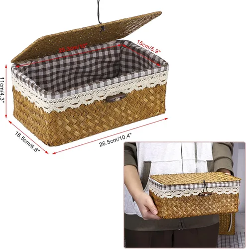 Vista 5 de Hipiwe Cesta de Mimbre Tejida con Forro Removible de Seagrass Natural, Cesta de Almacenamiento Multiusos con Tapa para Organizar para Baño, Armario