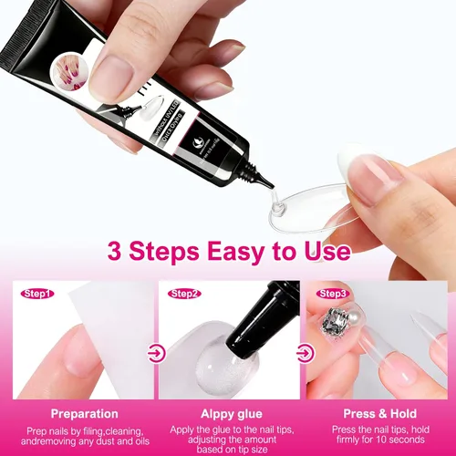Vista 5 de Pegamento de uñas de 0.51 onzas para uñas a presión con removedor de pegamento de uñas de 0.7 onzas líquidas y herramienta, no necesita luz UV